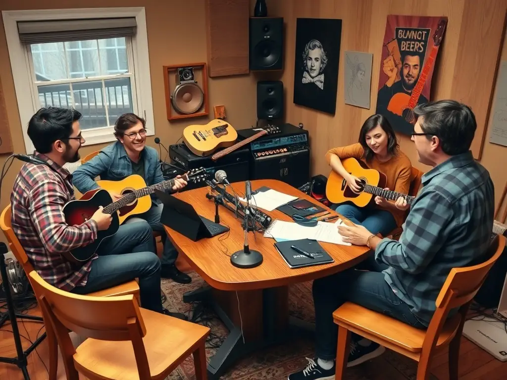 A group of young musicians participating in a songwriting workshop, collaborating and sharing ideas in a creative environment, reflecting BACK-STAGE's commitment to nurturing talent.