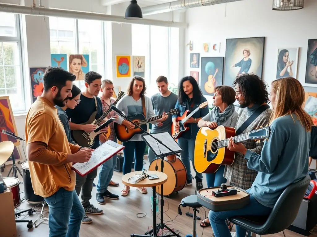 A vibrant image of musicians collaborating in a BACK-STAGE workshop, showcasing the interactive and educational environment provided to emerging artists.