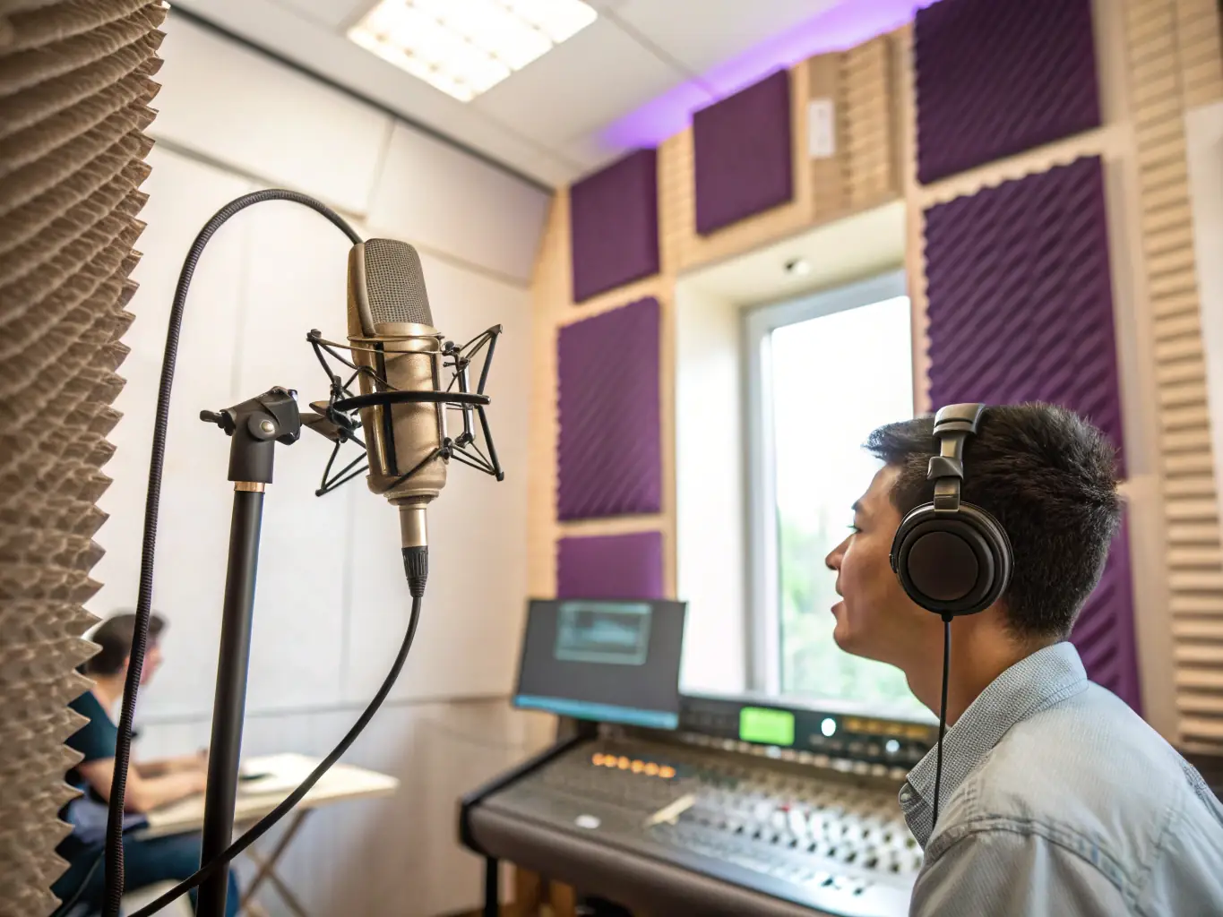 A recording studio session with a young musician working with professional sound engineers, illustrating BACK-STAGE's support for high-quality music production.