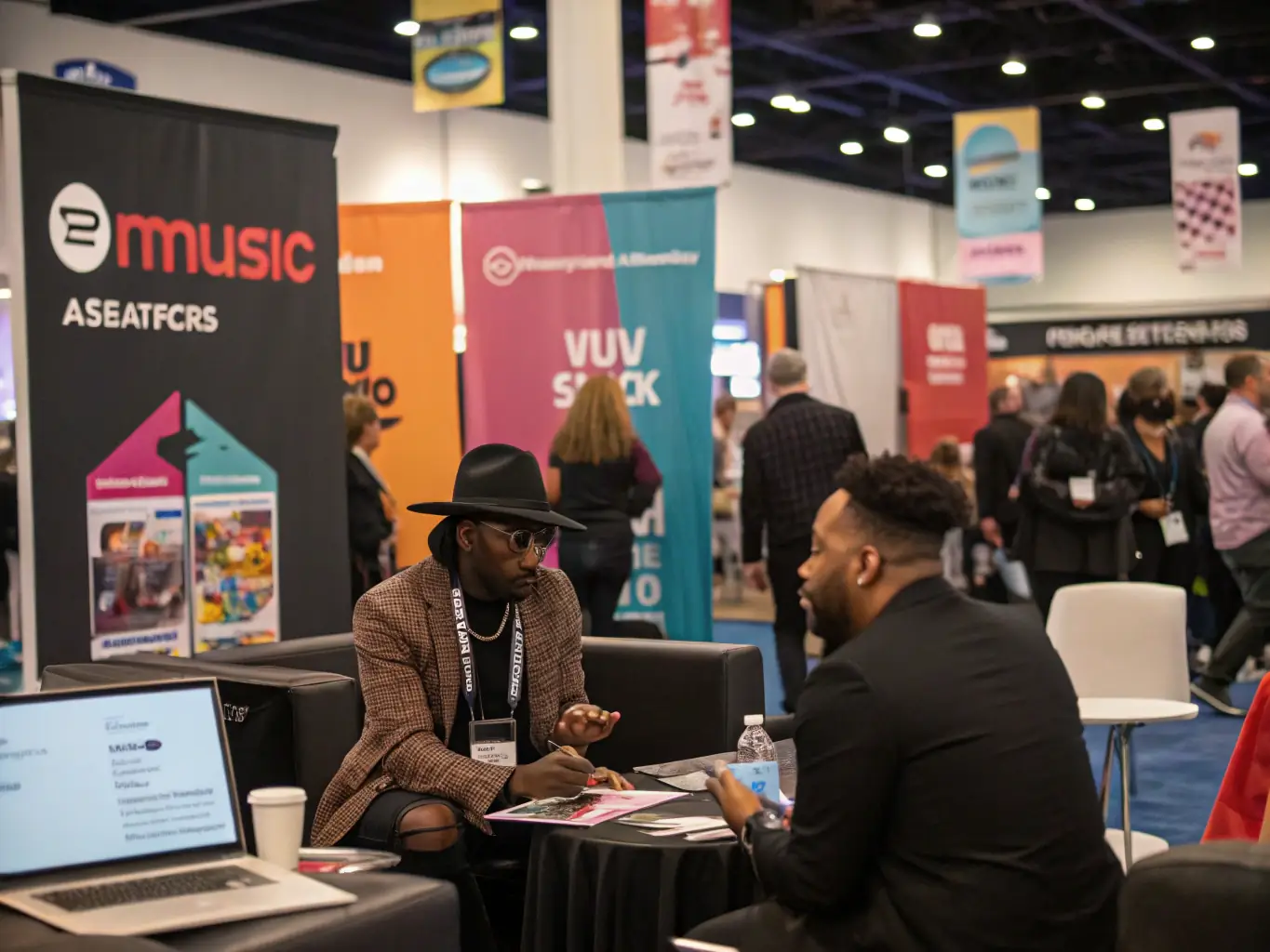 A professional image of musicians networking at a BACK-STAGE event, highlighting the importance of connections and collaborations in the music industry.